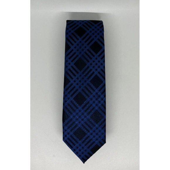 J Ferrar Men's Tie Slim,Skinny Necktie Blue And Black Plaid Blue Metallic Design - Picture 3 of 10